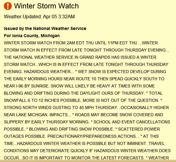 Winter storm watch in spring 4 5